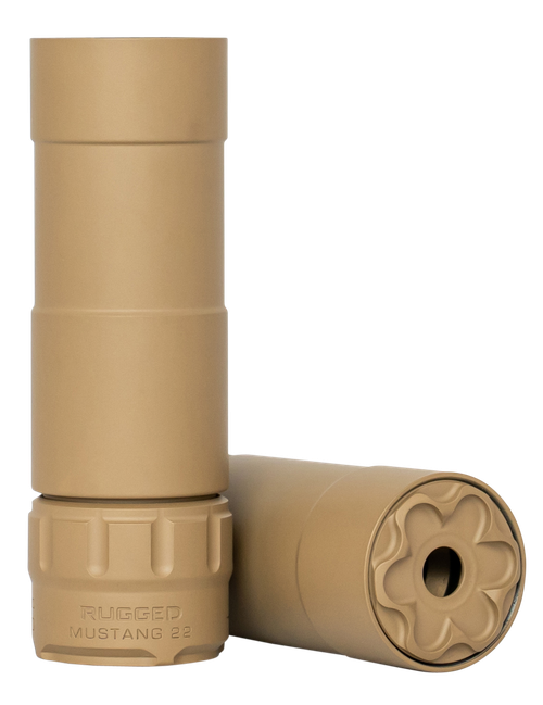 Rugged Suppressors Mustang 22, 22 LR, 5.3" Length, 1.06" Diameter, Aluminum Construction, Cerakote Flat Dark Earth, 1/2X28 Direct Thread Mount, 3.3oz