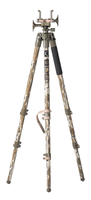 SSI142440__82897.1786123169.webp Bog-Pod Deathgrip Tripod made of Mossy Oak Bottomland Finished Aluminum with Steel Feet, 360 Degree Pan, Integrated Bubble Level & Lever-Leg Locks - Image 1